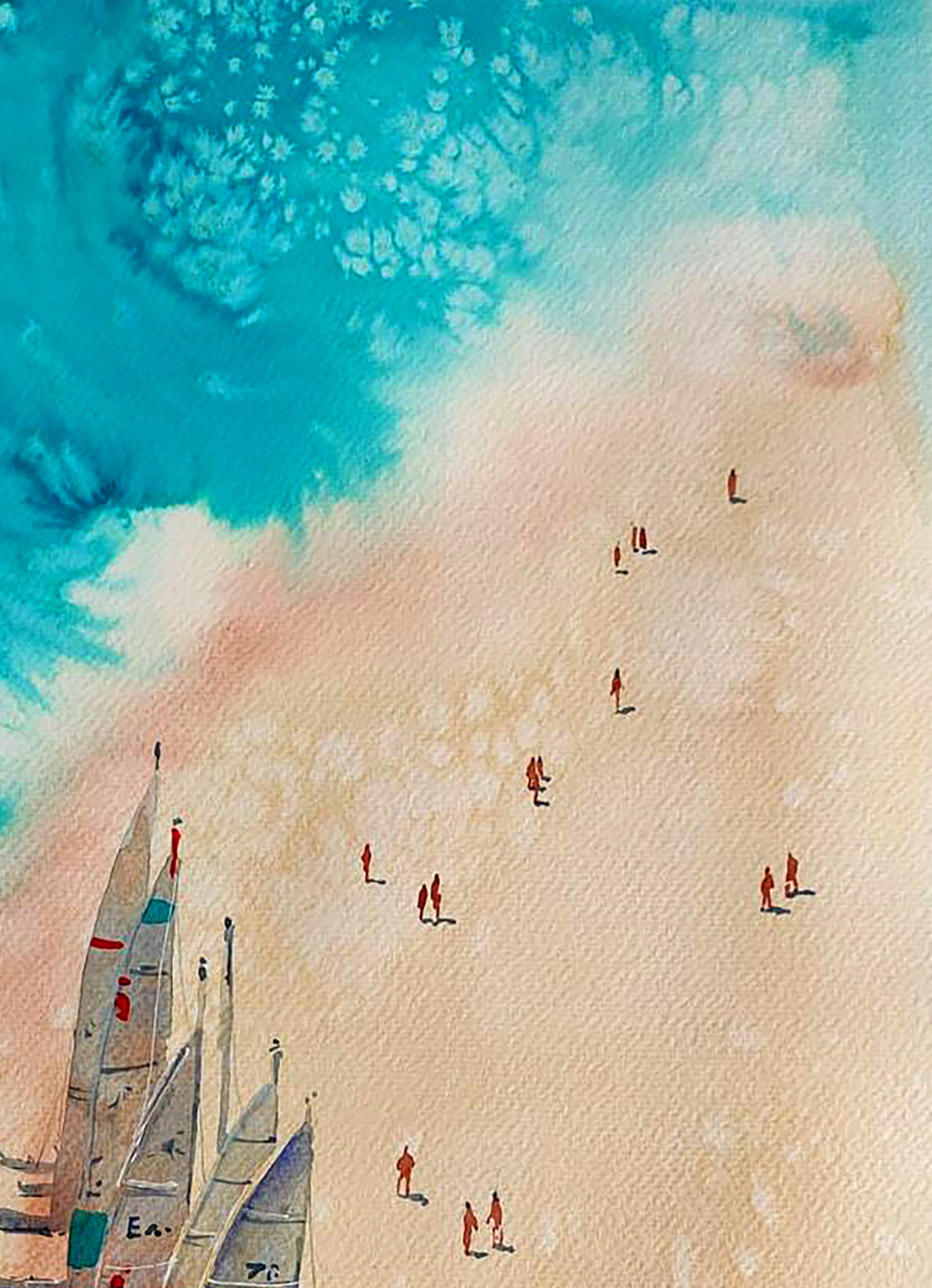 Watercolor painting of sunny beach with sailboats by Elena Klimenko