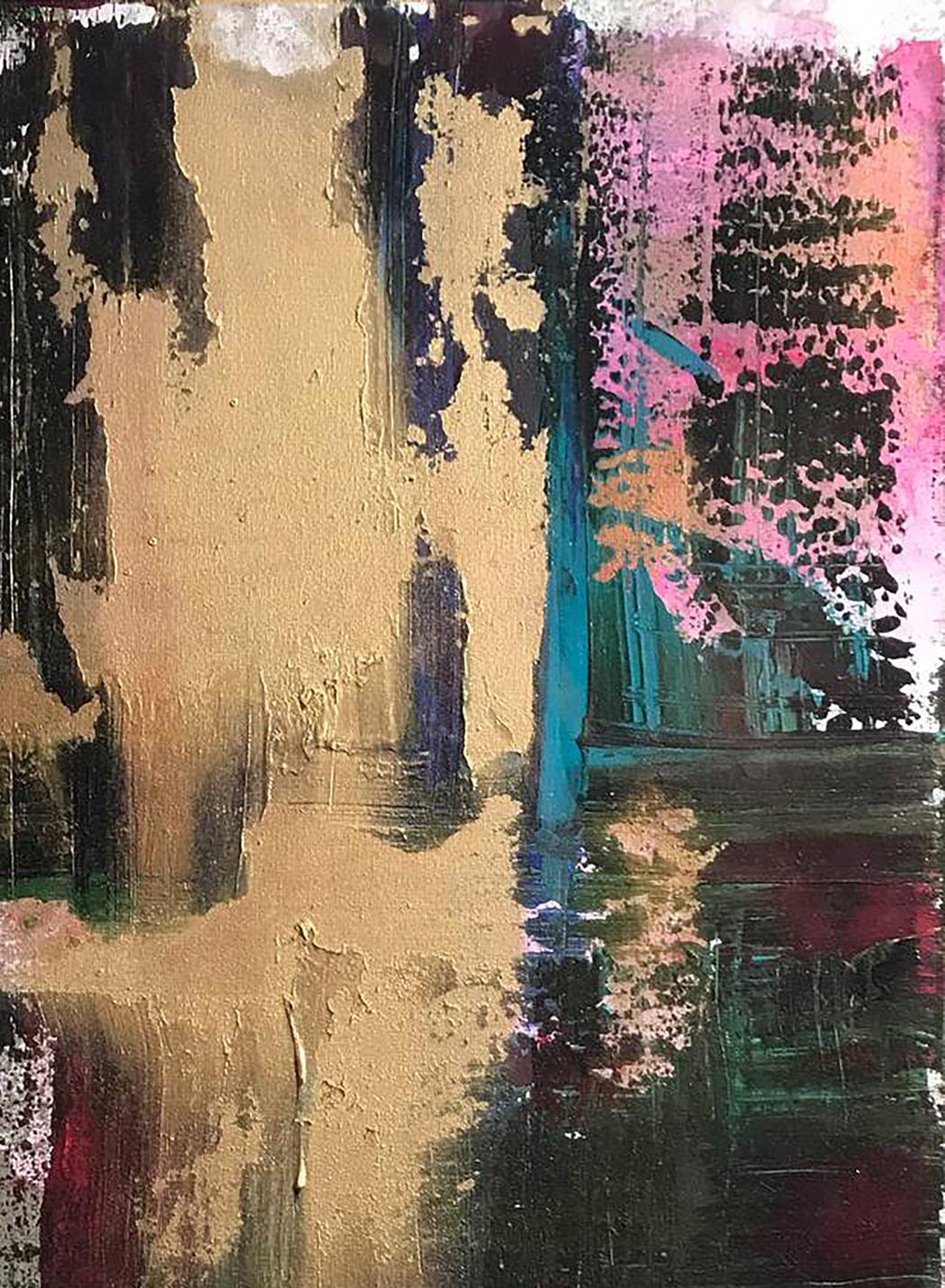 Abstract Confidence painting by Melezhik Olga with bold gold black pink teal red strokes