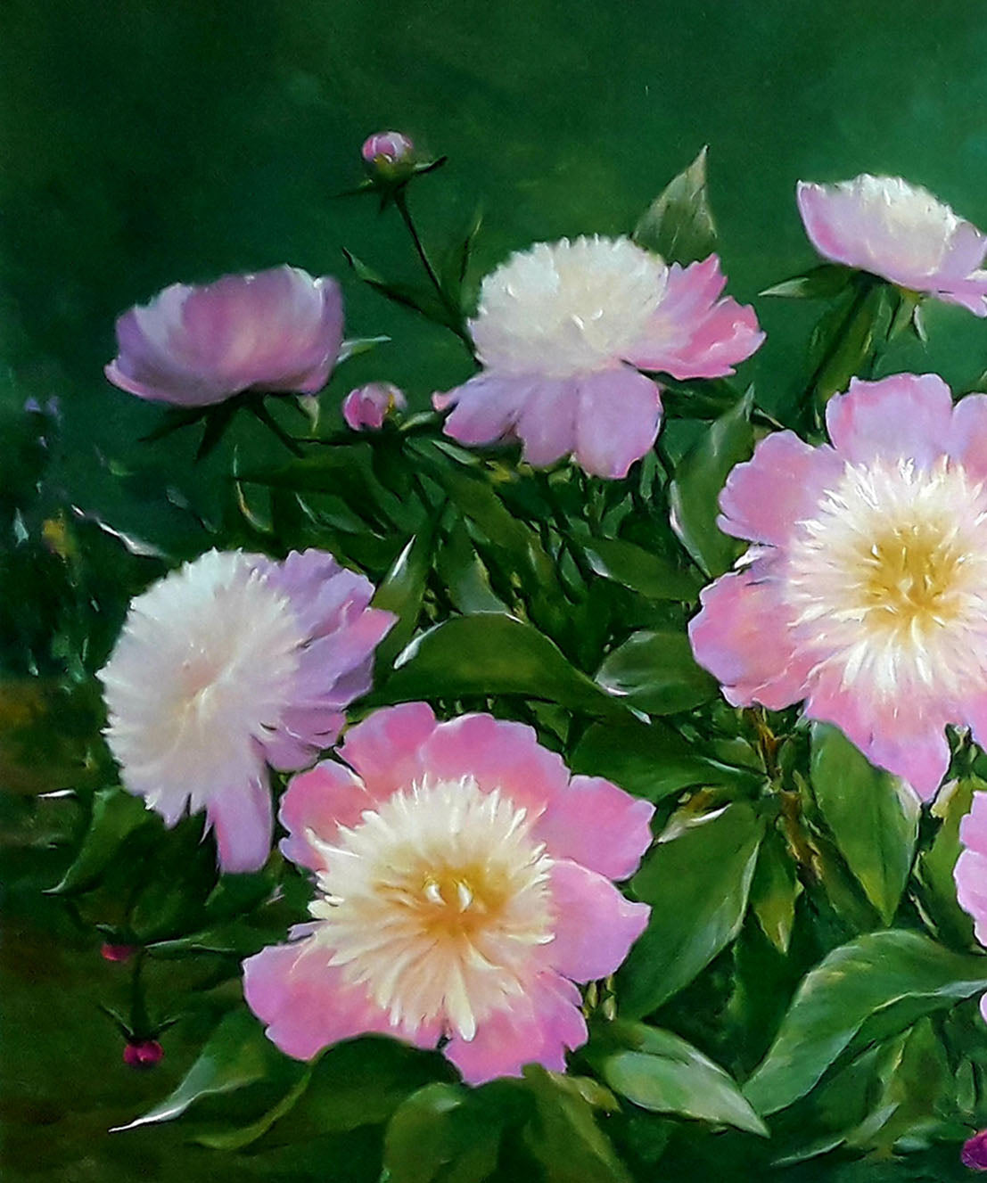 Vibrant oil painting of pink and white peonies by Korkishko Vasily
