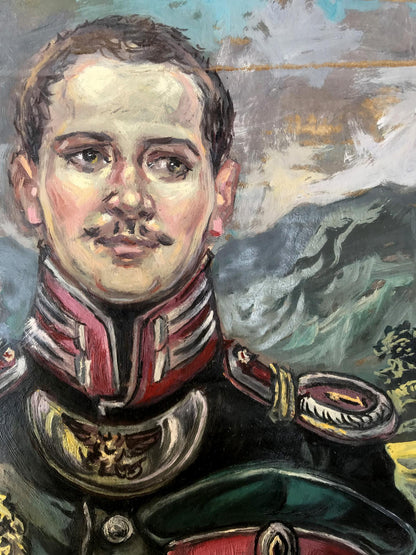 Oil painting of pensive officer Alexander Litvinov in red gold military attire