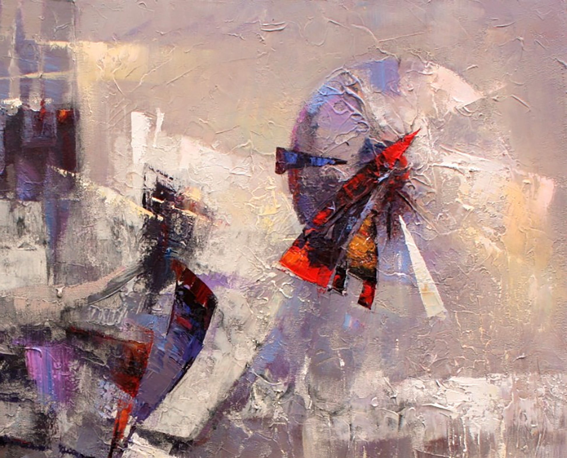 Oil painting Dawn by Valentina Alekseevna Kozyar with bold red, black, purple strokes on gray