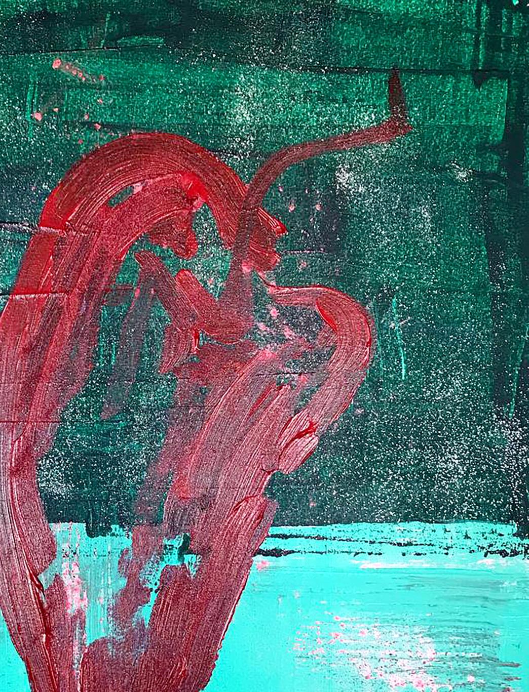 Bold red abstract brushstroke acrylic painting by Pepper Melezhik Olga on green teal textured background