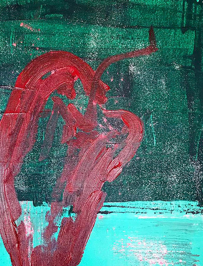 Bold red abstract brushstroke acrylic painting by Pepper Melezhik Olga on green teal textured background
