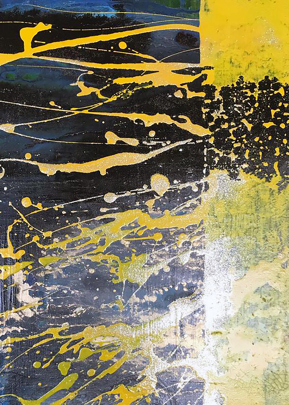 Abstract Shine by Melezhik Olga: yellow splatters on dark blue black canvas