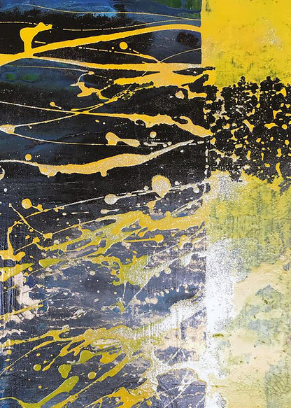 Abstract Shine by Melezhik Olga: yellow splatters on dark blue black canvas