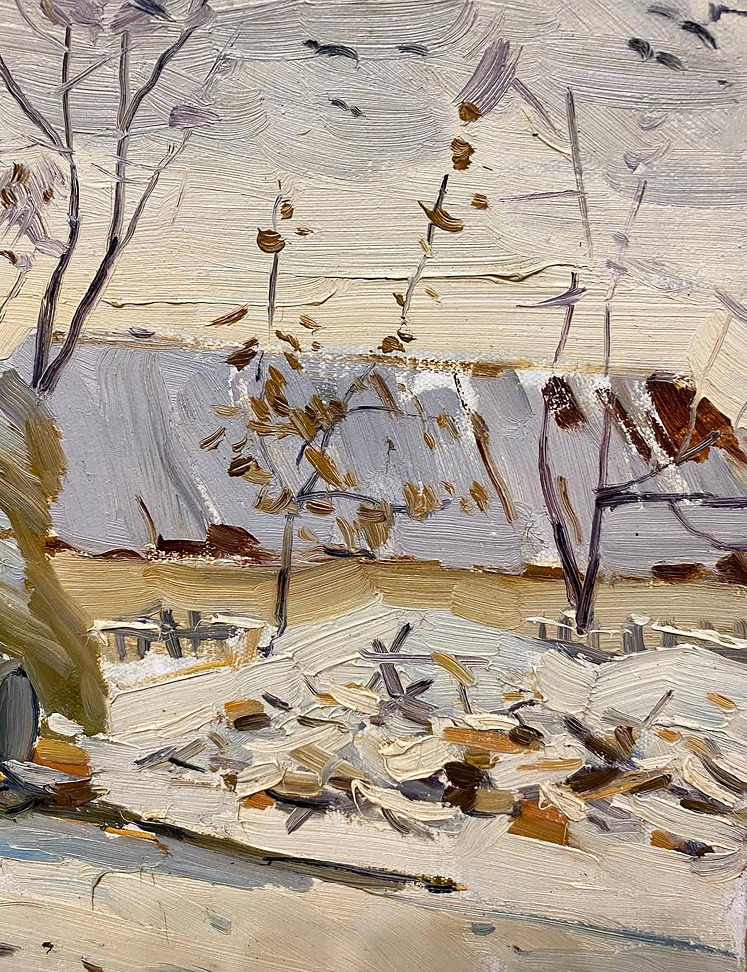 Oil painting Early winter: textured landscape with bare trees and snow-covered ground