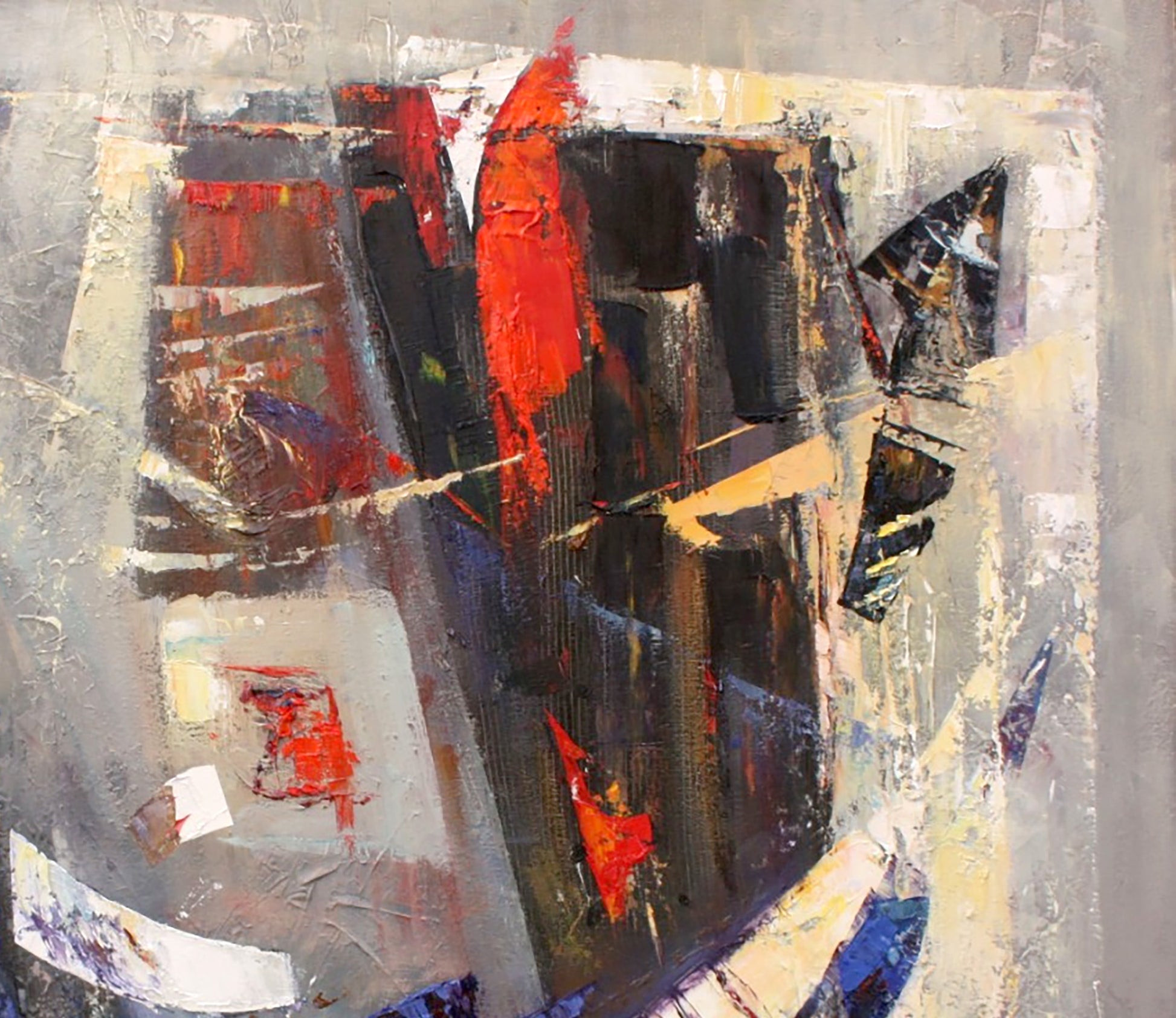 Oil painting Evening by Valentina Alekseevna Kozyar with bold red black gray strokes