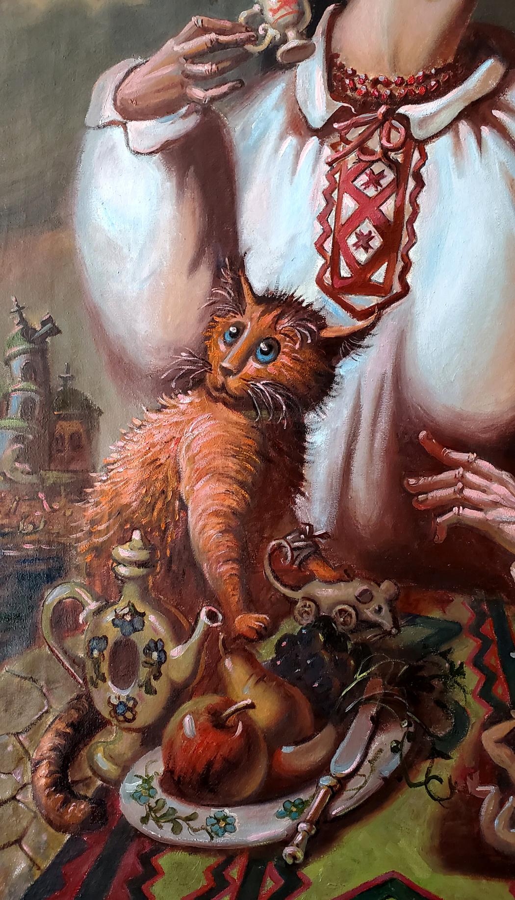 Fluffy orange cat with blue eyes on plate in Litvinov oil painting