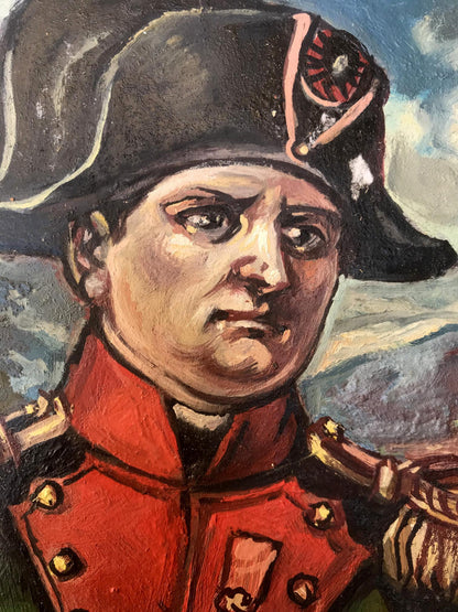Oil painting portrait of Napoleon Alexander Arkadievich Litvinov in red military coat and bicorne hat