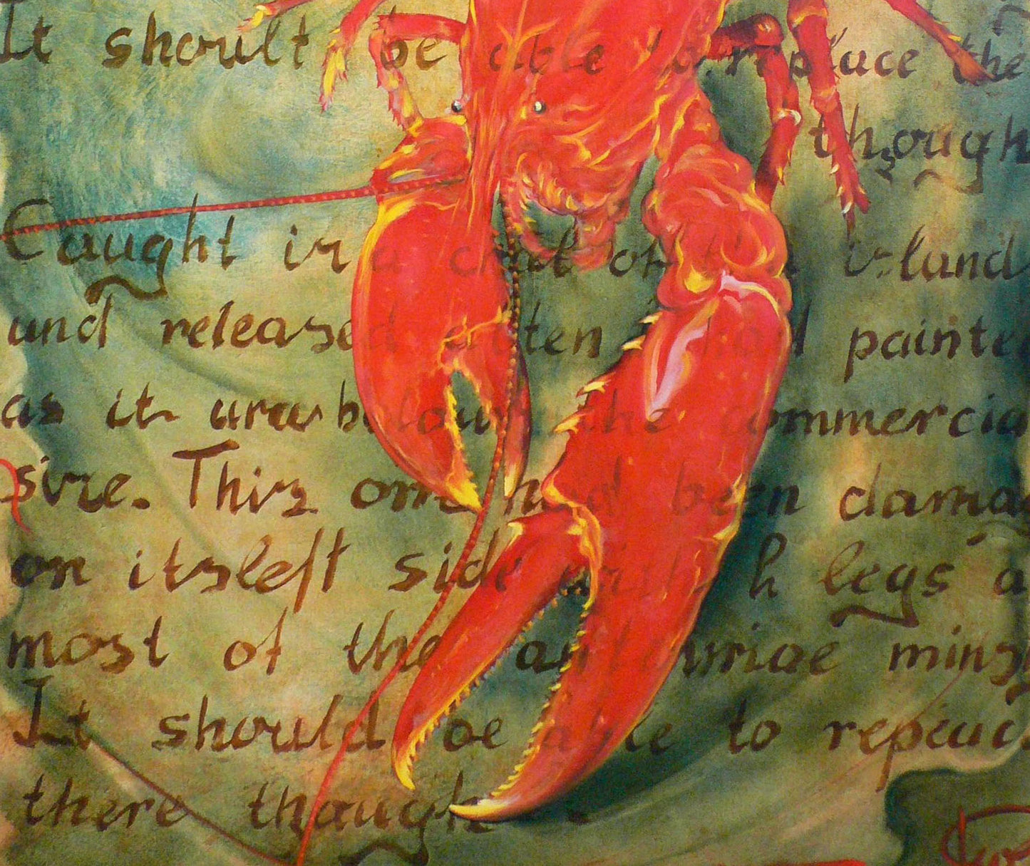Oil painting Lobster Korkishko Vasily: vibrant red lobster on greenish background