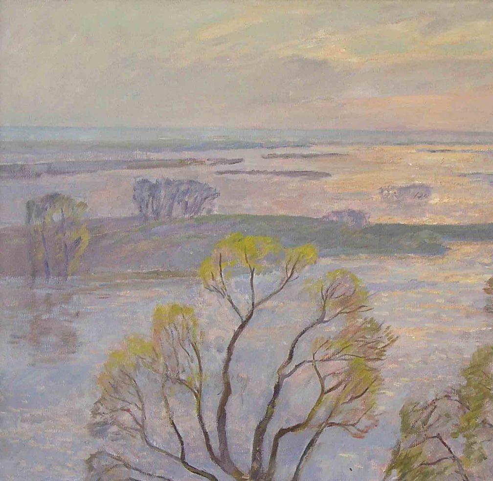 Oil painting by Flood Rapoport Boris Naumovich: tree and hills under pastel sky