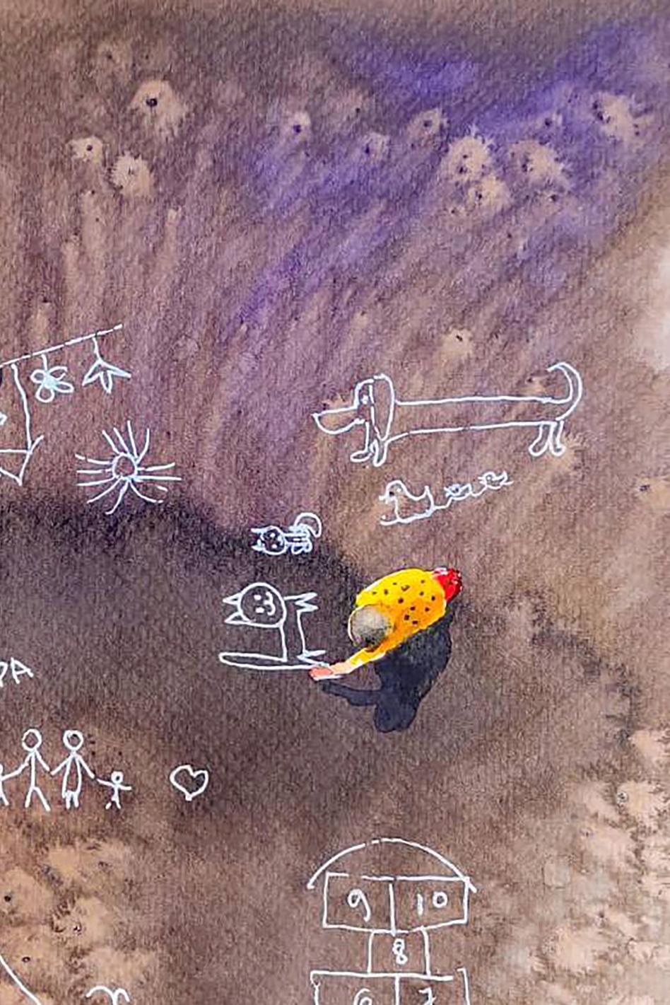 Watercolor Carefree Elena Klimenko child in polka-dot hat chalk drawing