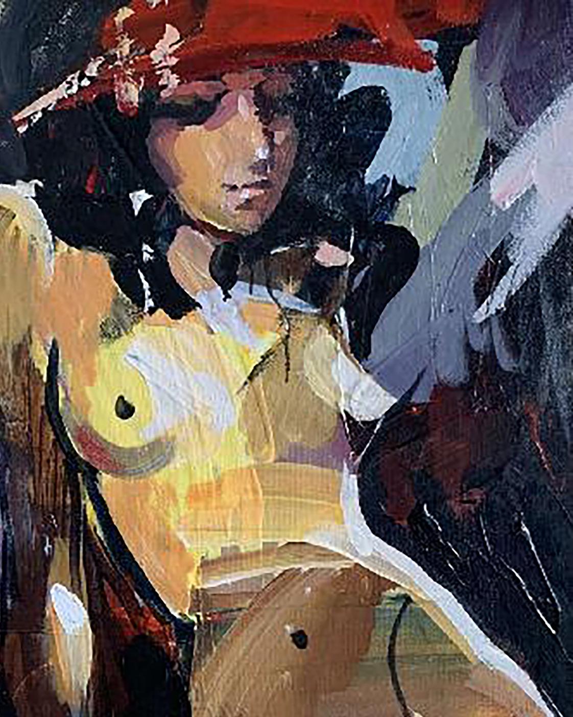 Vibrant abstract oil painting Solar Kozyar Yuri: woman in red hat