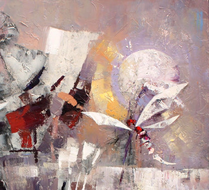 Oil painting Dragonfly by Valentina Alekseevna Kozyar with textured purple grays and bold red splashes