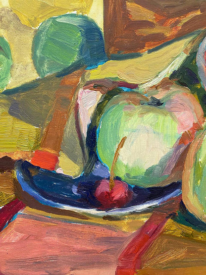 Vibrant impressionistic oil painting of green apple, red cherry in blue bowl, rustic arrangement