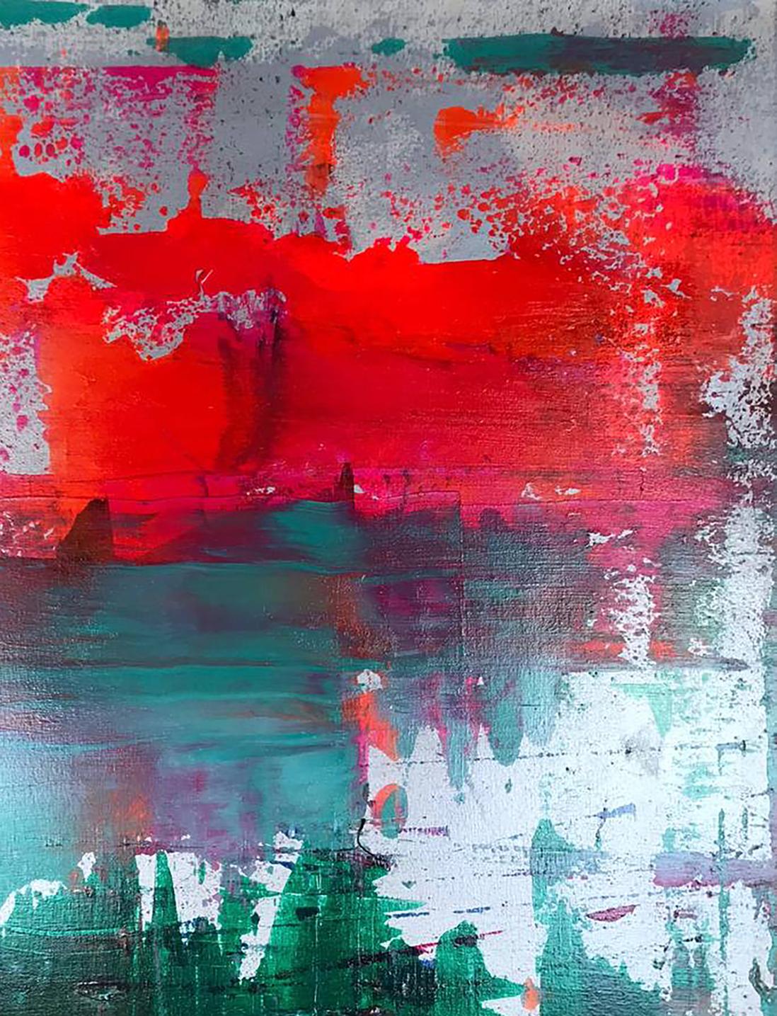 Vibrant Forest Lake acrylic painting by Melezhik Olga with red, teal brushstrokes