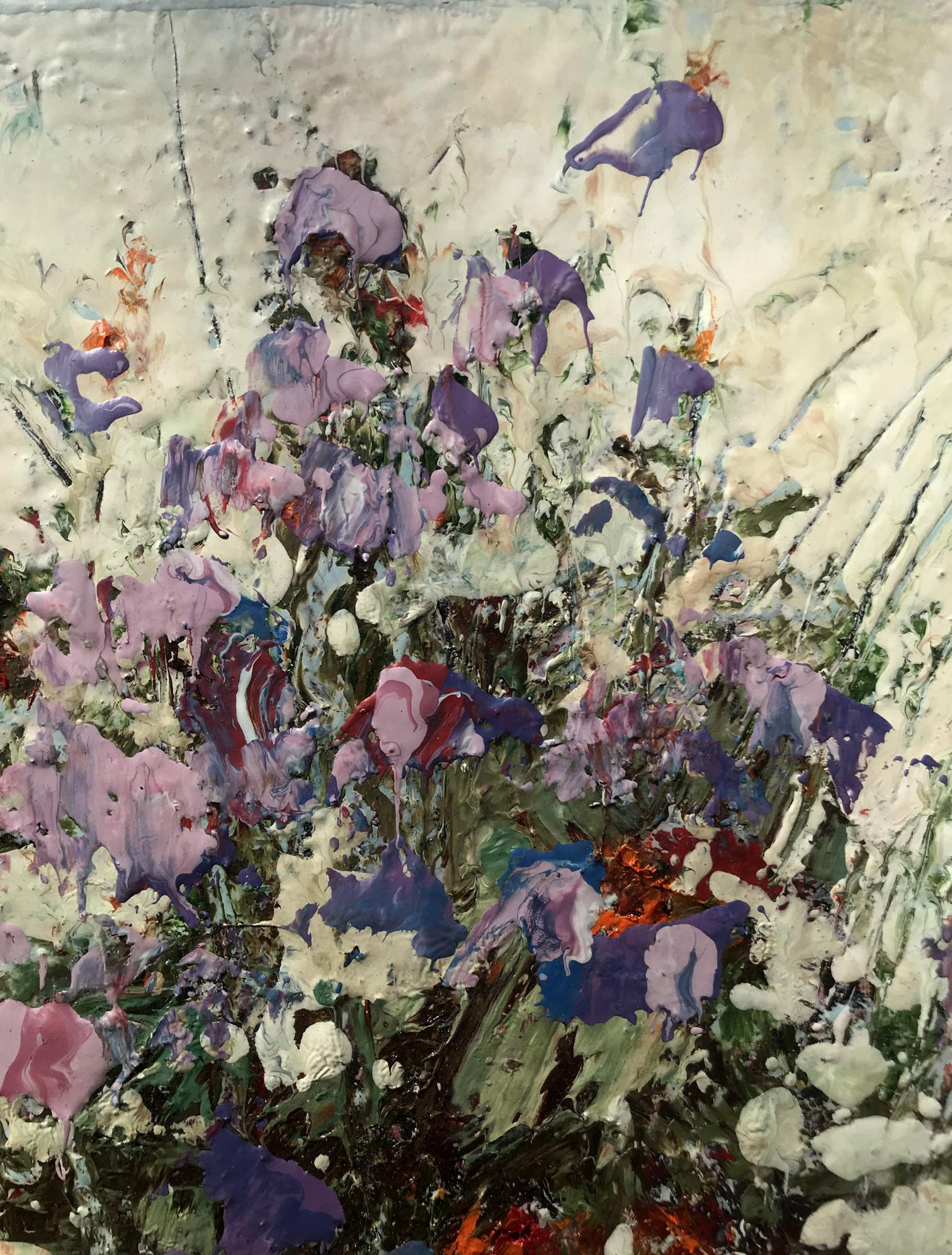 Oil painting Flowers Mazur Vladimir: vibrant purple pink blue green flowers