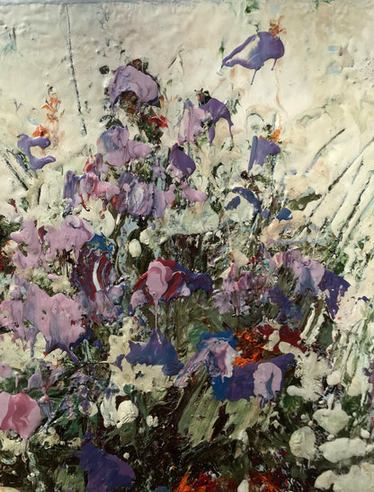 Oil painting Flowers Mazur Vladimir: vibrant purple pink blue green flowers