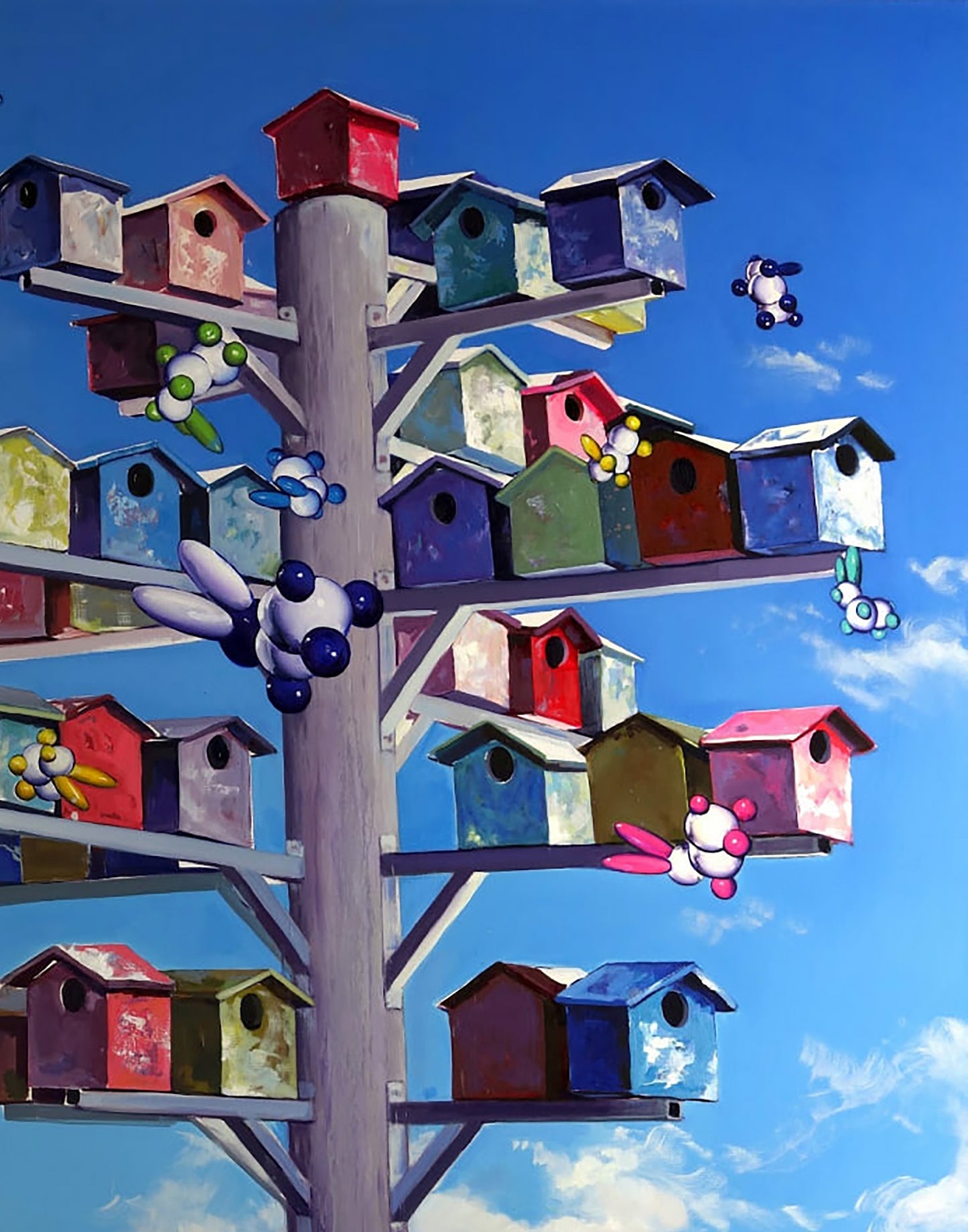 Oil painting of Sacred Station by Igor Konovalov: vibrant birdhouse tree with cartoon creatures