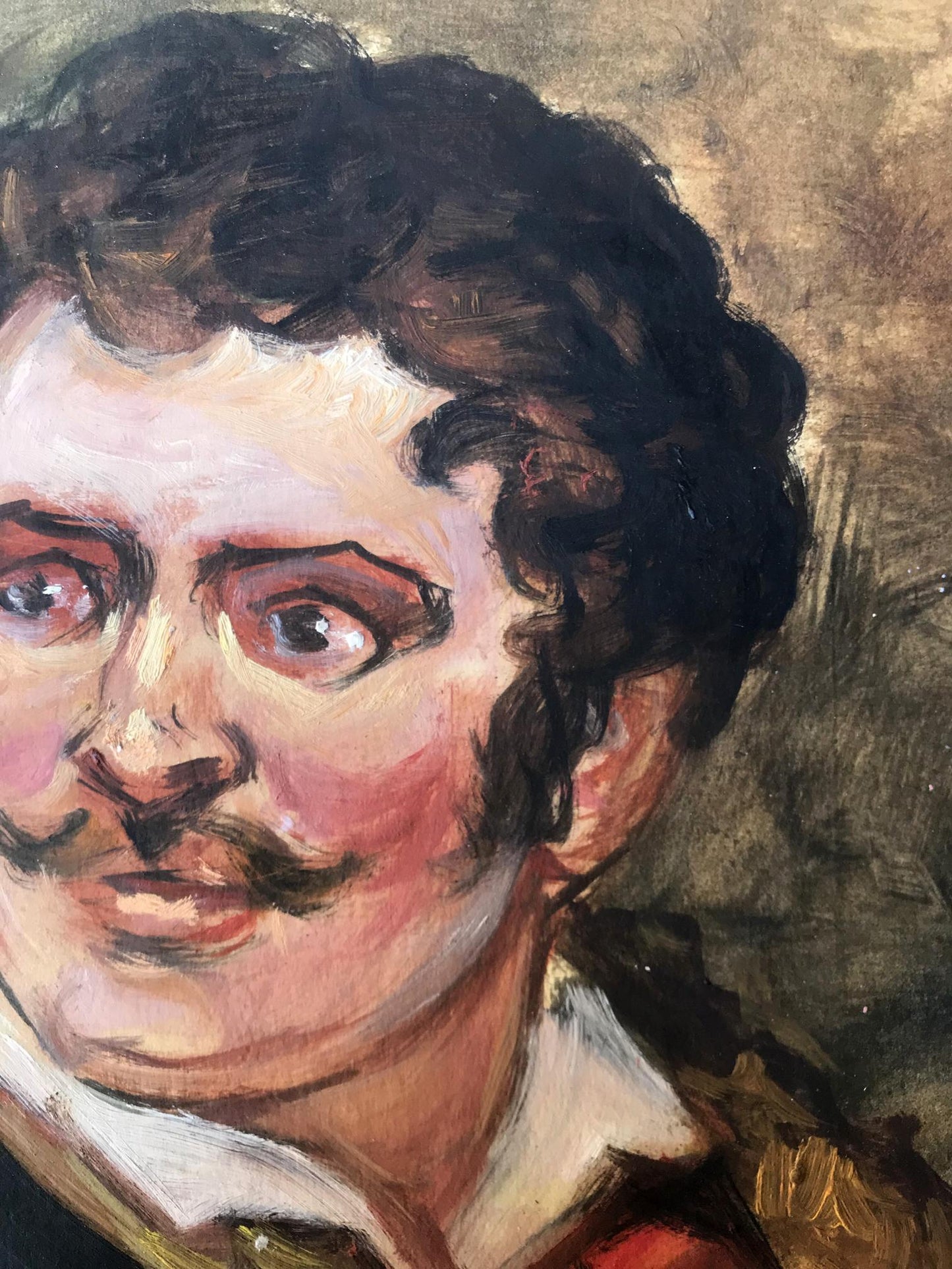 Oil painting portrait of Alexander Litvinov, man with dark curly hair and mustache in uniform