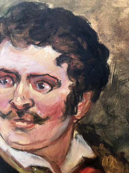 Oil painting portrait of Alexander Litvinov, man with dark curly hair and mustache in uniform