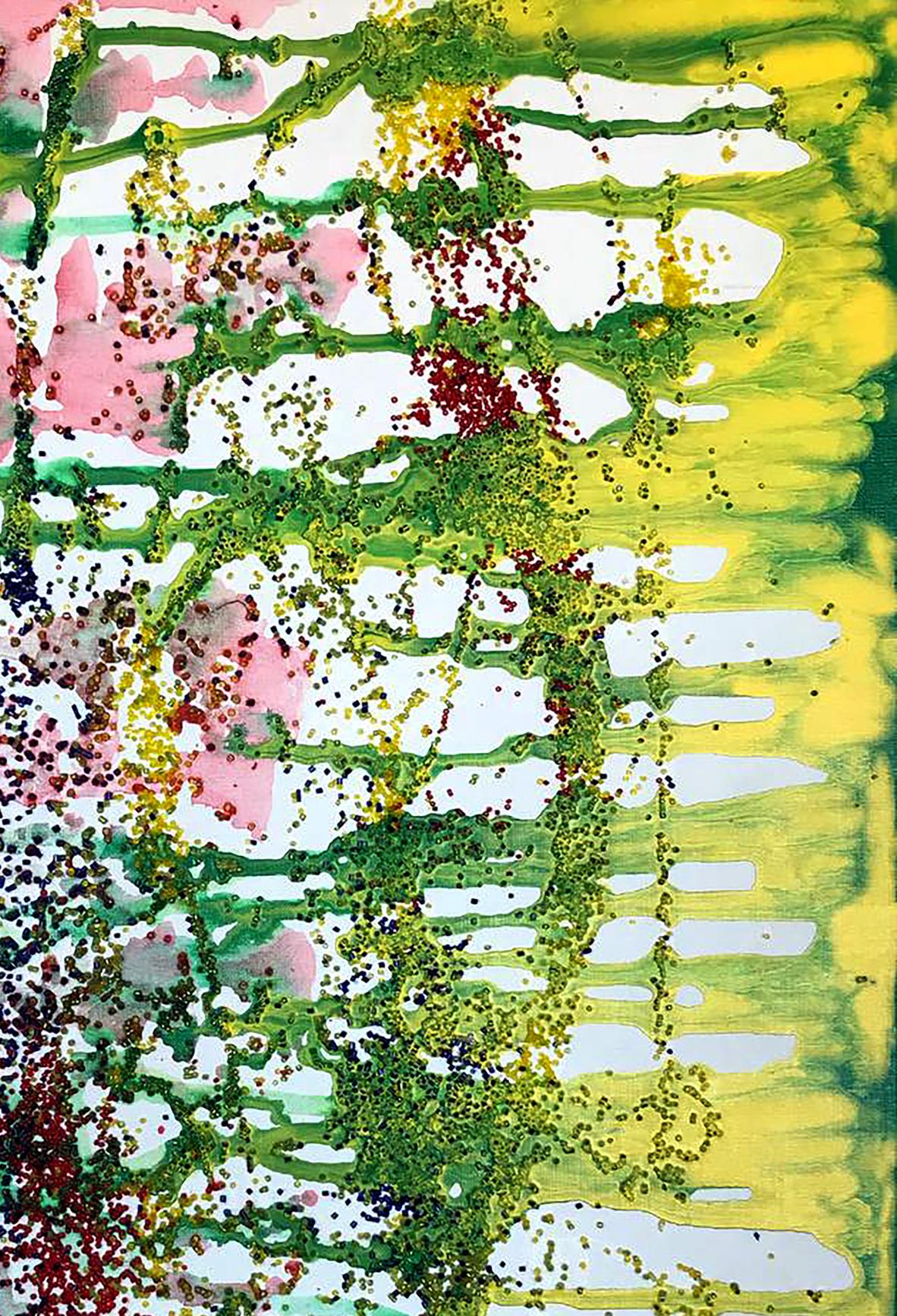 Vibrant Morning Sun acrylic painting by Melezhik Olga with bold green, yellow, pink streaks and glittery specks