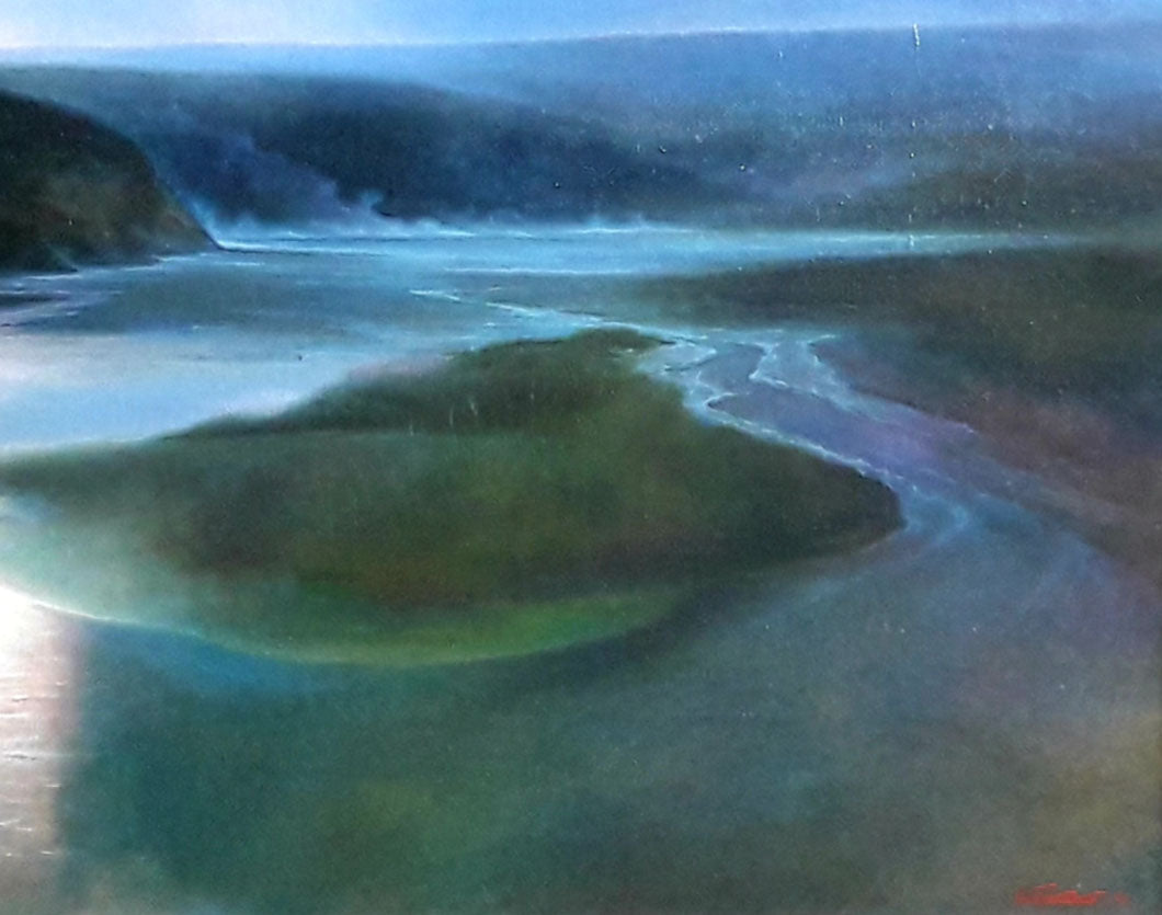 Serene impressionistic oil painting of river in hills by Korkishko Vasily