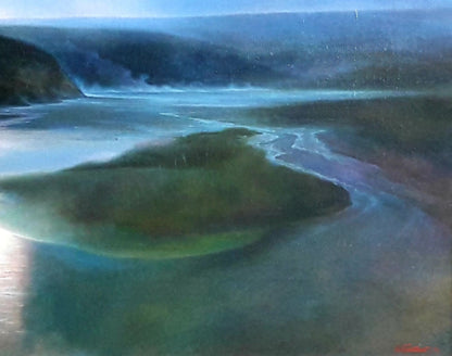 Serene impressionistic oil painting of river in hills by Korkishko Vasily