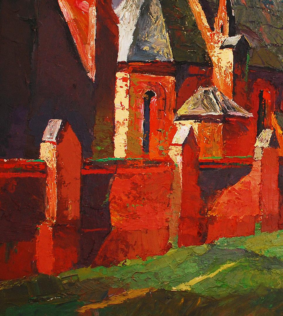 Vibrant oil painting of Old Misto red brick church by Egor Shvachunov