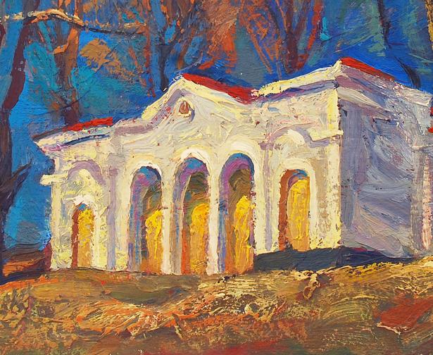 Oil painting by Egor Shvachunov: white classical building with red roof
