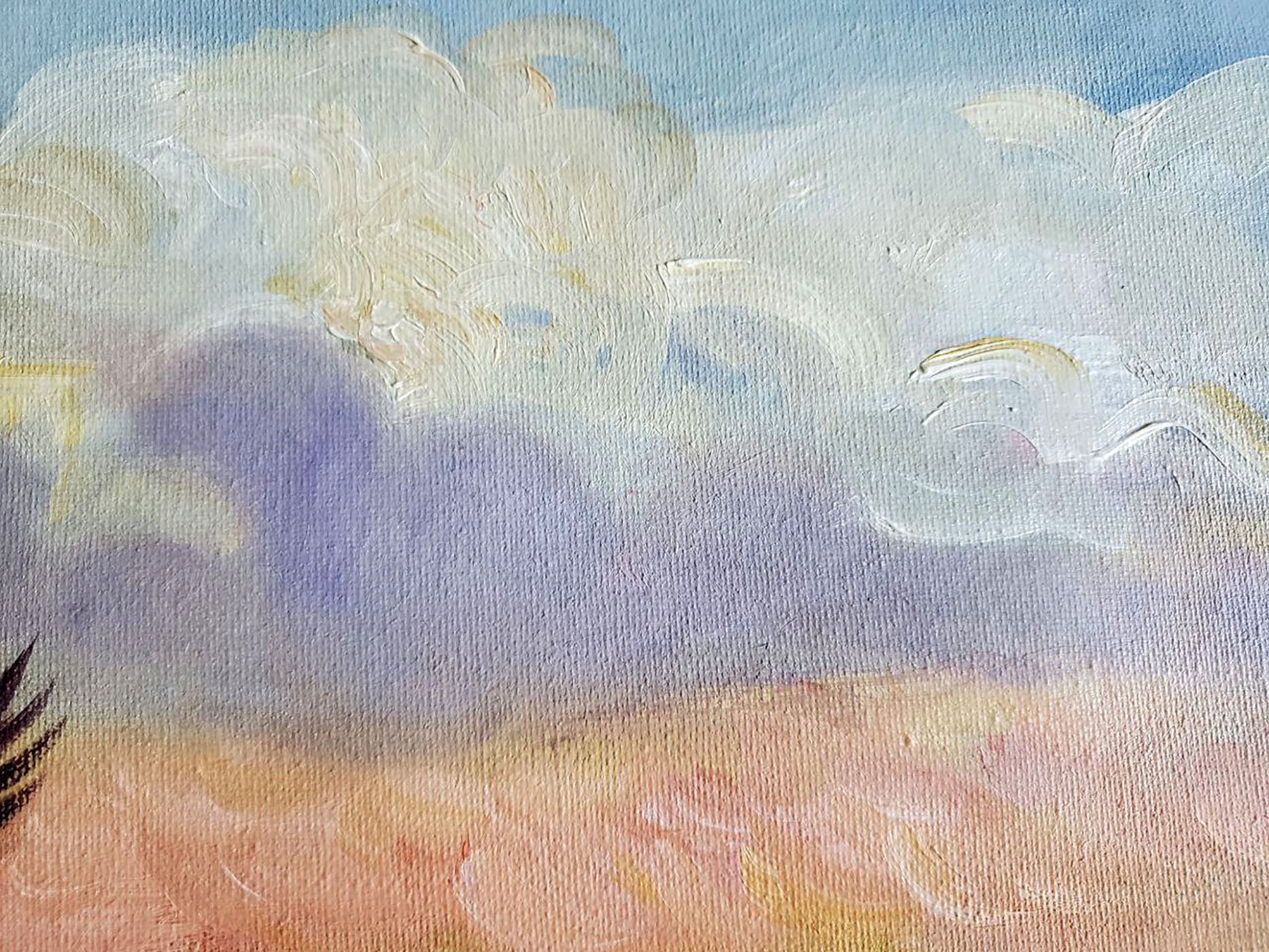 Oil painting of Mongolian hunter by Litvinov Daniil Olegovich with impressionistic clouds
