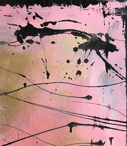 Acrylic painting Tenderness by Olga Melezhik: black splatters on pink-gold-yellow gradient