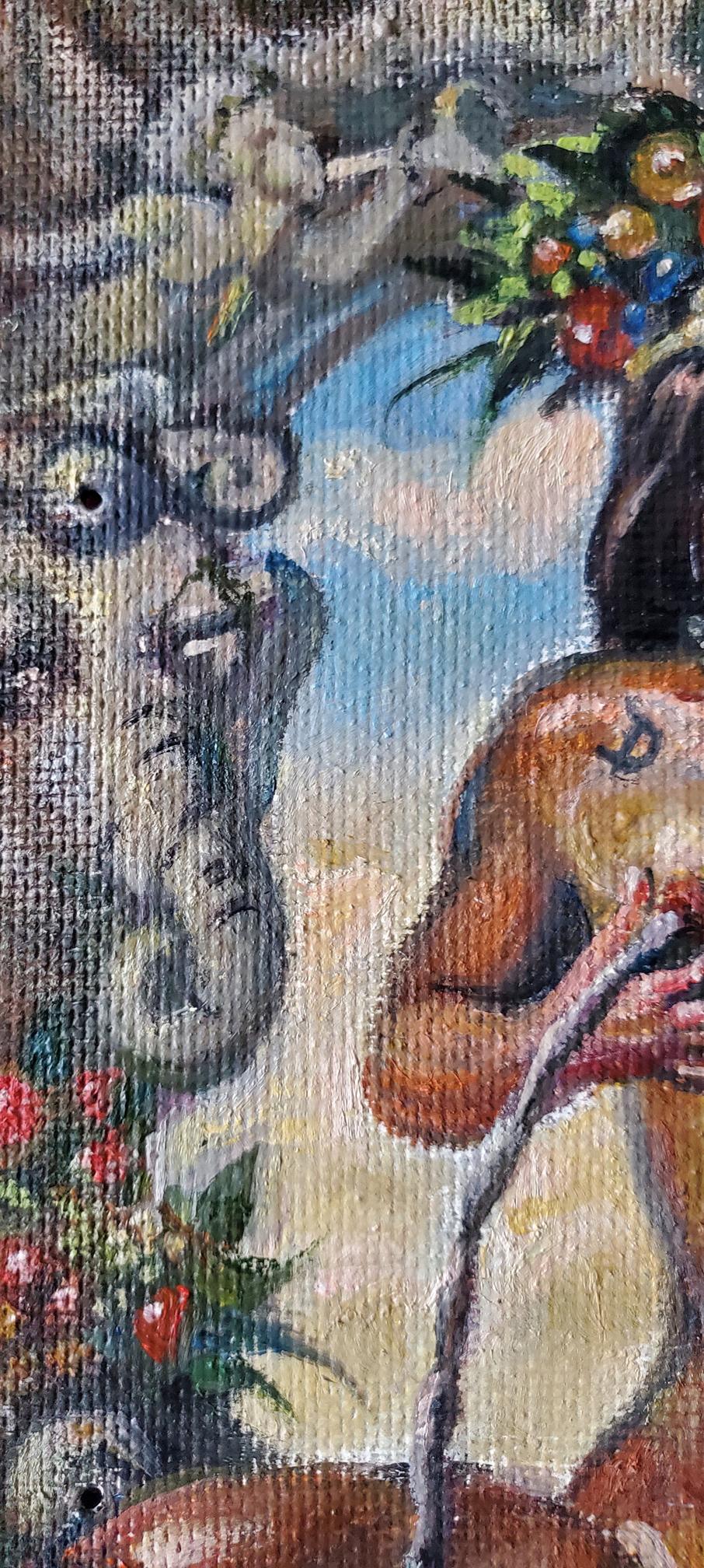 Oil painting Source of Fertility by Litvinov Daniil Olegovich, textured female figure with fruit-adorned dark hair