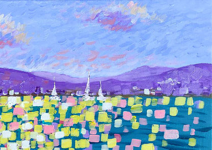 Vibrant Cote d’Azur acrylic painting by Elena Klimenko with sailboats