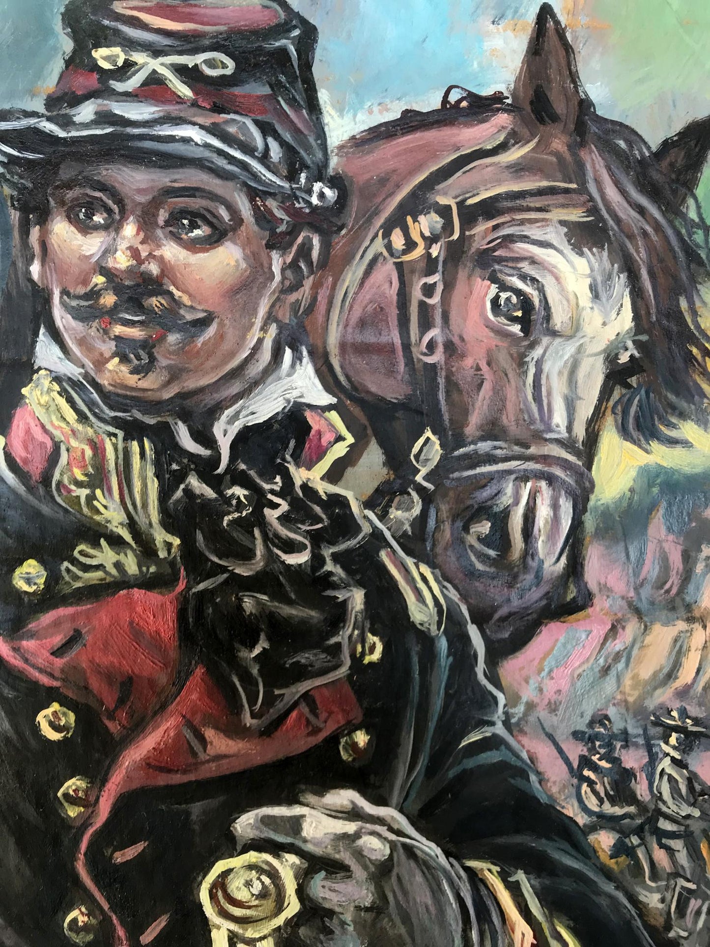 Oil painting portrait of officer in red uniform and horse by Alexander Litvinov