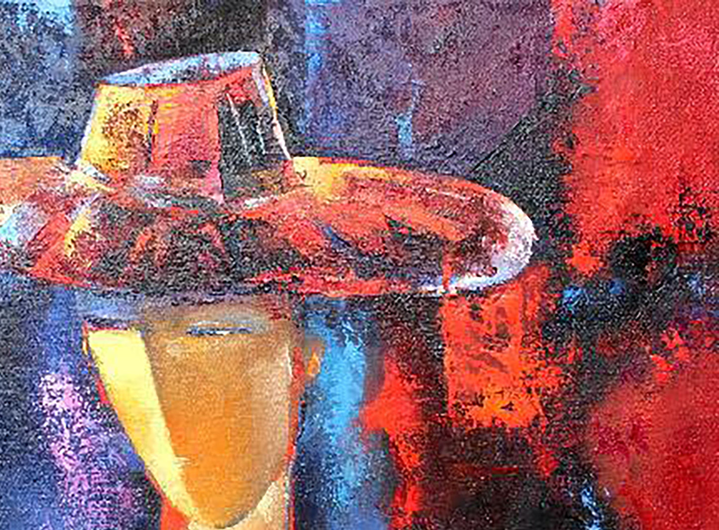 Oil painting Evening by Kirilenko Mikhail: vibrant hat in red, yellow, blue, purple