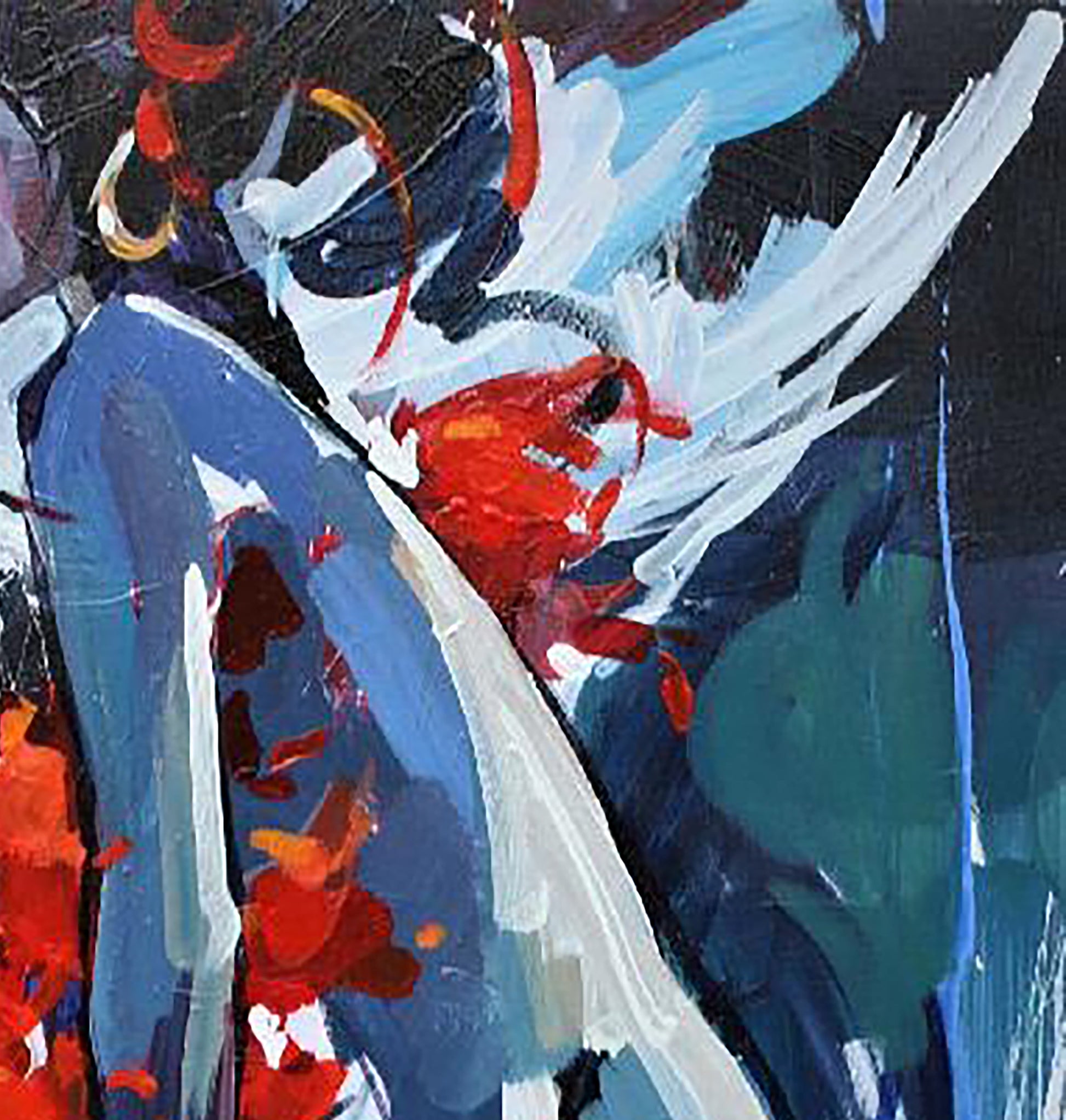 Oil painting Angel Kozyar Yuri: abstract bold blue, red, white brushstrokes on dark background