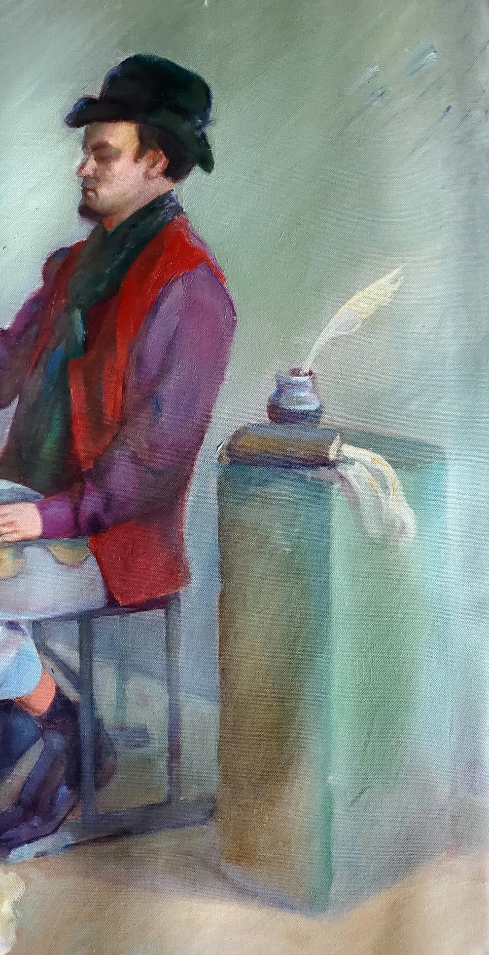 Profile portrait of Litvinov Daniil Olegovich in top hat and vest, oil painting