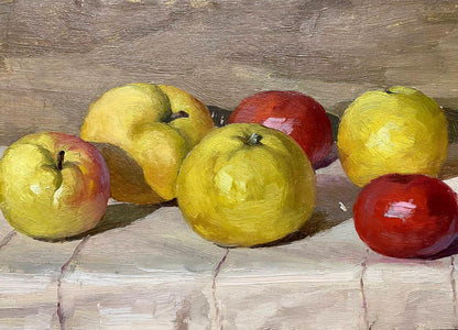 Oil painting of ripe red and yellow apples by unknown artist on wood