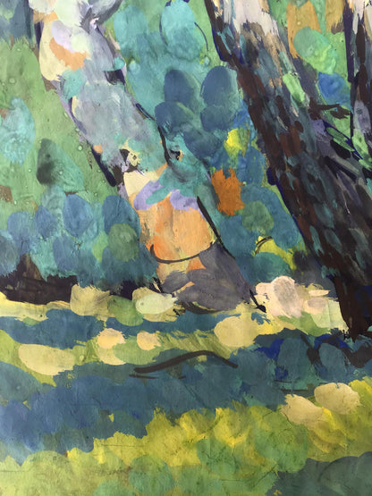 Oil painting In the Meadow by Alexander Arkadievich Litvinov with textured tree trunk