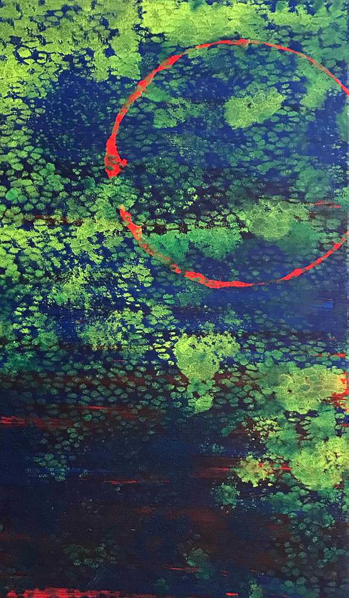 Acrylic painting Bright night by Melezhik Olga, bold red circle on blue green textured background