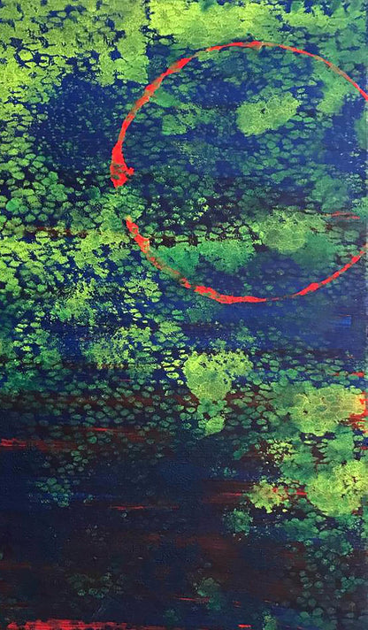 Acrylic painting Bright night by Melezhik Olga, bold red circle on blue green textured background