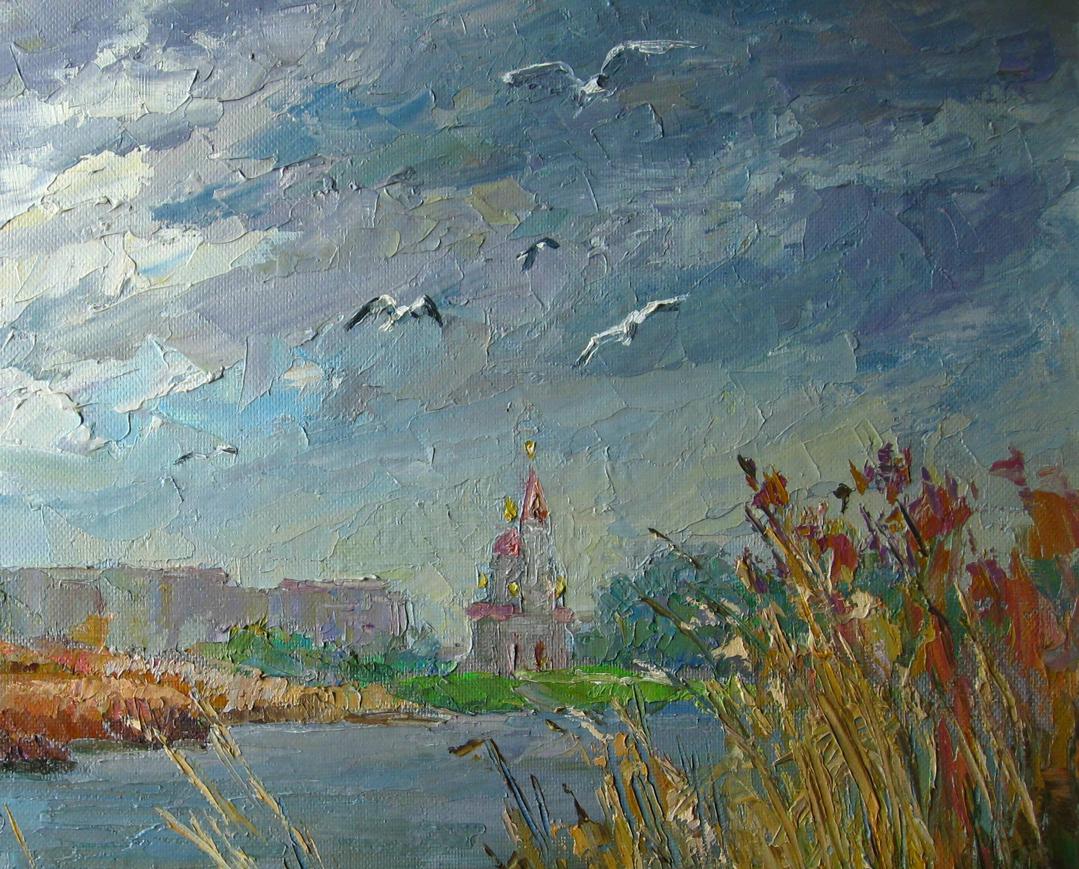 Oil painting of church with red gold domes, gulls over river by Serdyuk Boris Petrovich