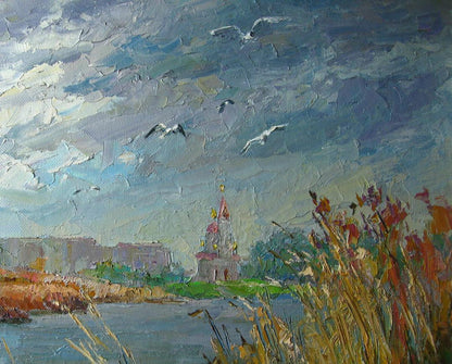Oil painting of church with red gold domes, gulls over river by Serdyuk Boris Petrovich