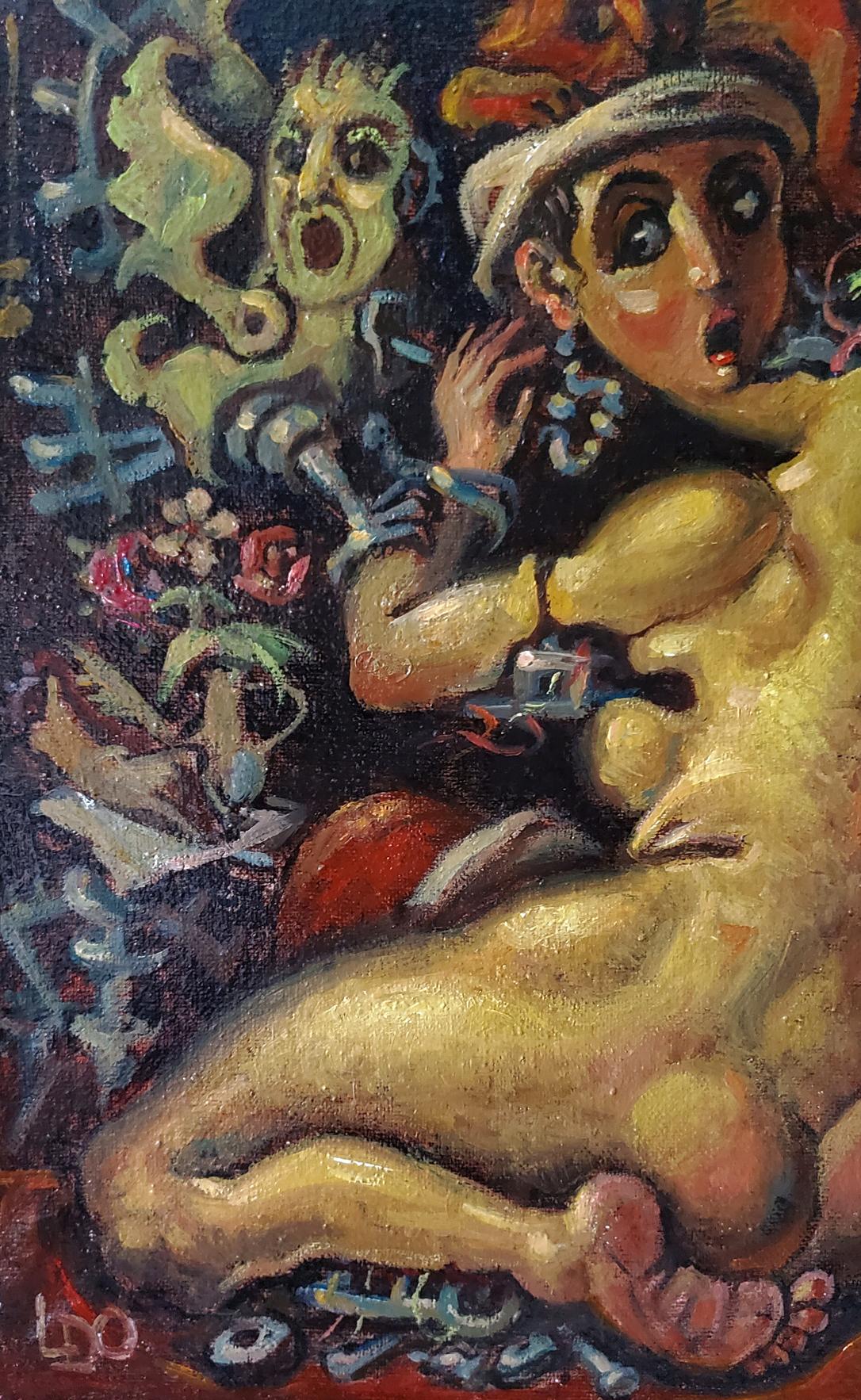 Surreal oil painting by Litvinov Daniil Olegovich: nude witch with wide eyes