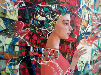 Vibrant stylized custom oil portrait of woman in profile by professional artist