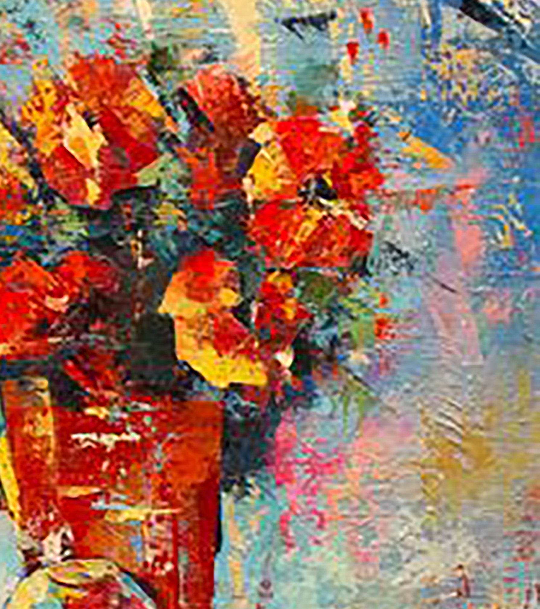 Oil painting Morning flowers Kirilenko Mikhail with vibrant red orange flowers in textured abstract vase