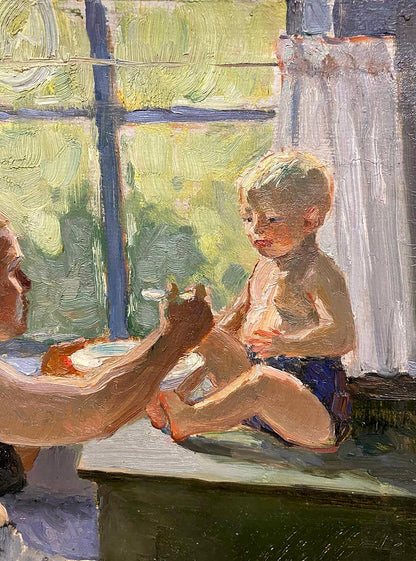 Oil painting by Tkachenko Evgeny Nikolaevich of boy in swim trunks watching small white object