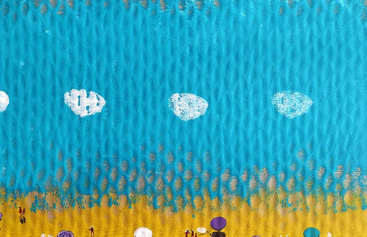 Textured turquoise fabric with white patches and yellow border in Elena Klimenko colorful summer acrylic painting
