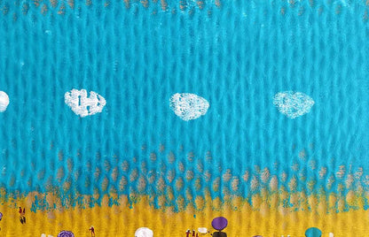 Textured turquoise fabric with white patches and yellow border in Elena Klimenko colorful summer acrylic painting